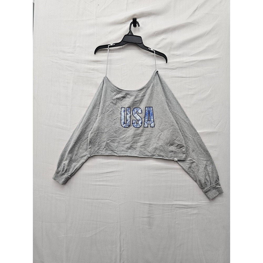 JoyLab Womens USA Graphic Cropped Top Gray Cotton Blend Casual Size Medium